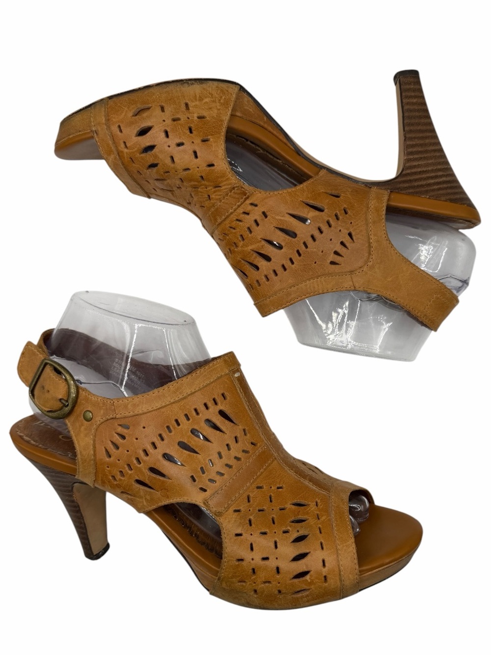 Indigo Women’s Leather Laser-Cut Open-Toe Heels - Brown - Size 8.5